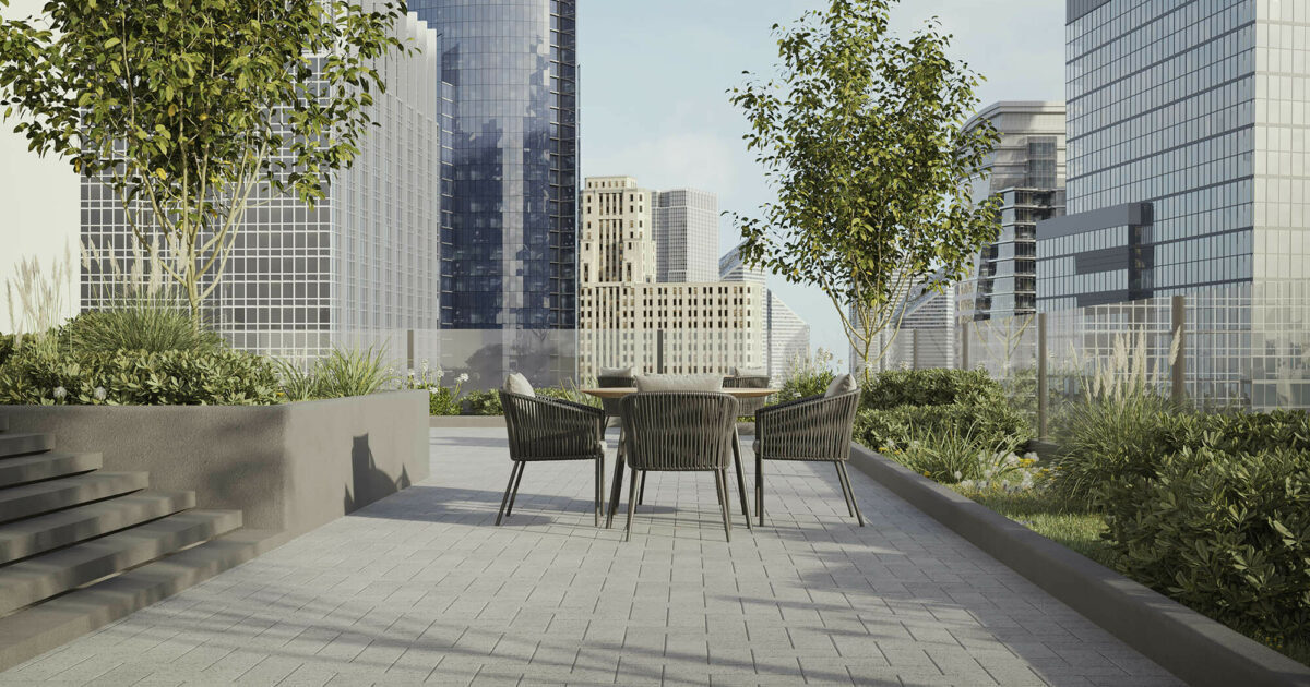 Stunning & Sophisticated Roof Deck in Herringbone | ASPIRE - High Rise Roof Deck